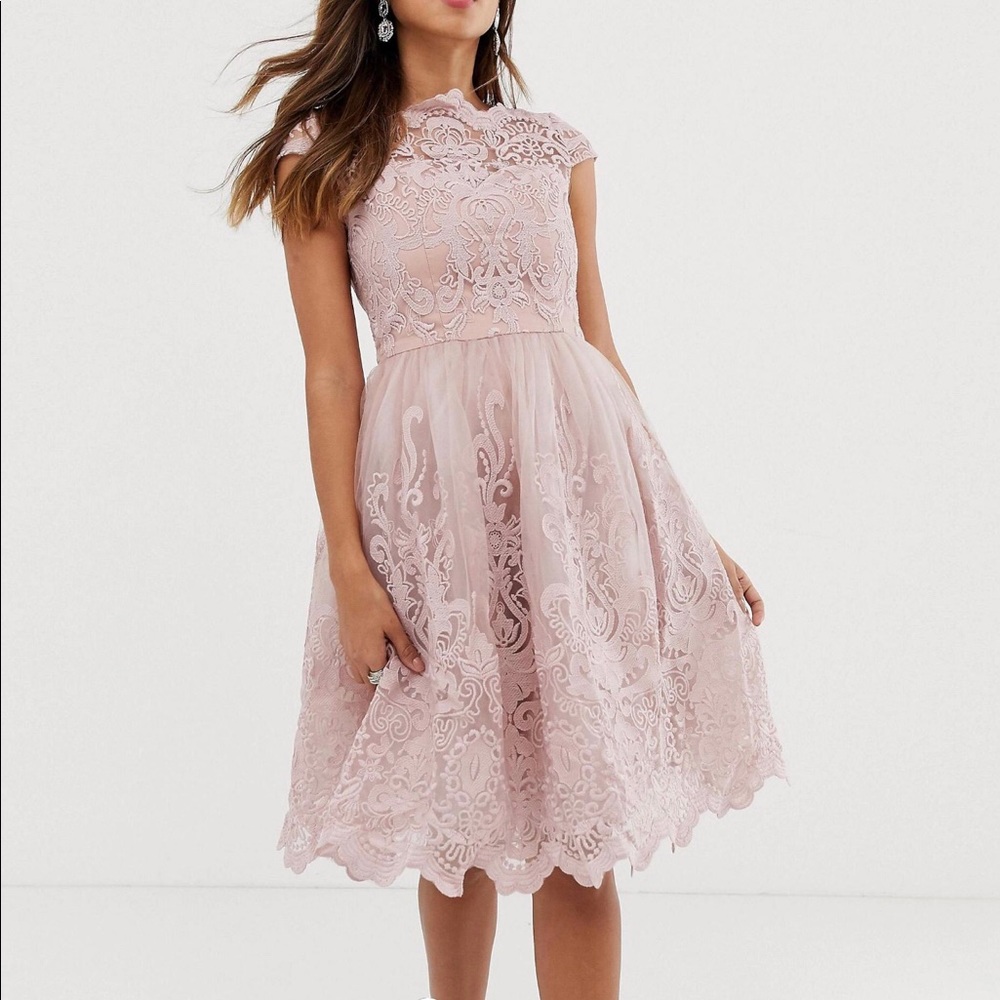 Chi Chi London premium lace midi prom dress with Bardot neck in mink